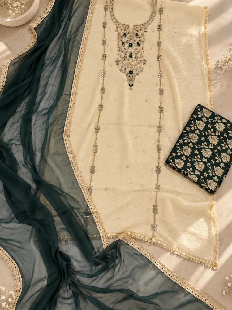 Ivory Cream Jacquard Unstitched Suit-0