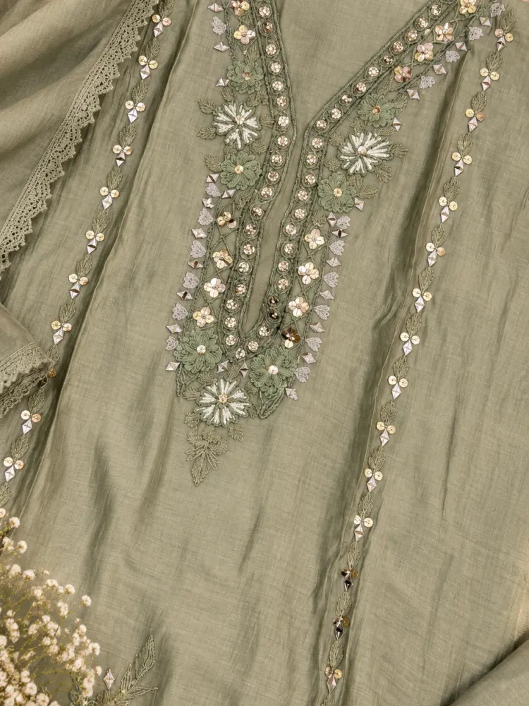 Olive Grey Embroidered Unstitched Suit-0