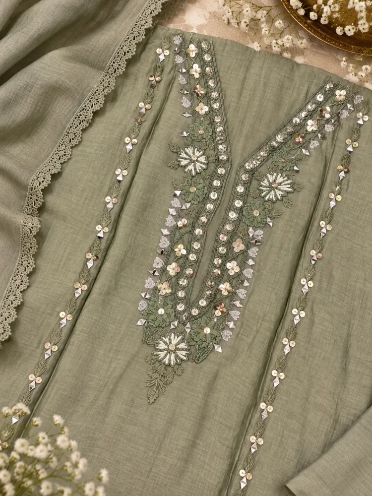 Olive Grey Embroidered Unstitched Suit-1