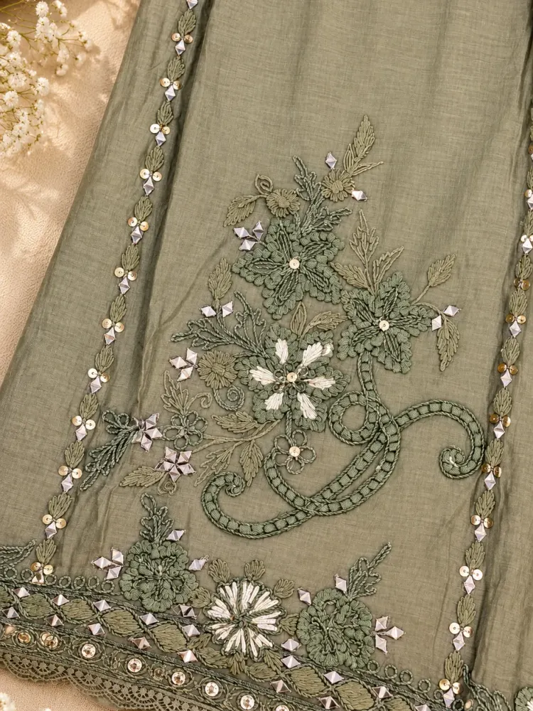 Olive Grey Embroidered Unstitched Suit-2