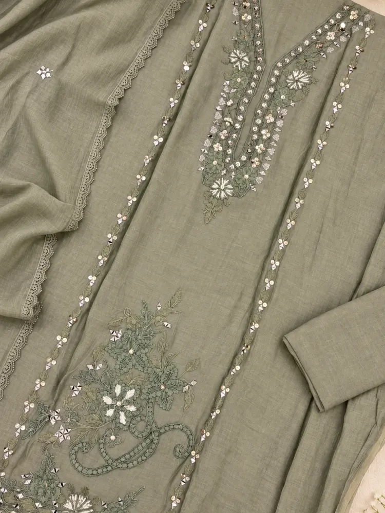 Olive Grey Embroidered Unstitched Suit-3