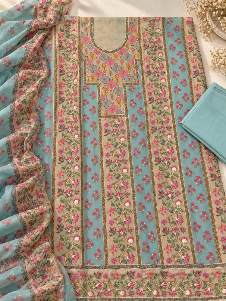 Blue Green Cotton Printed Unstitched Suit-0