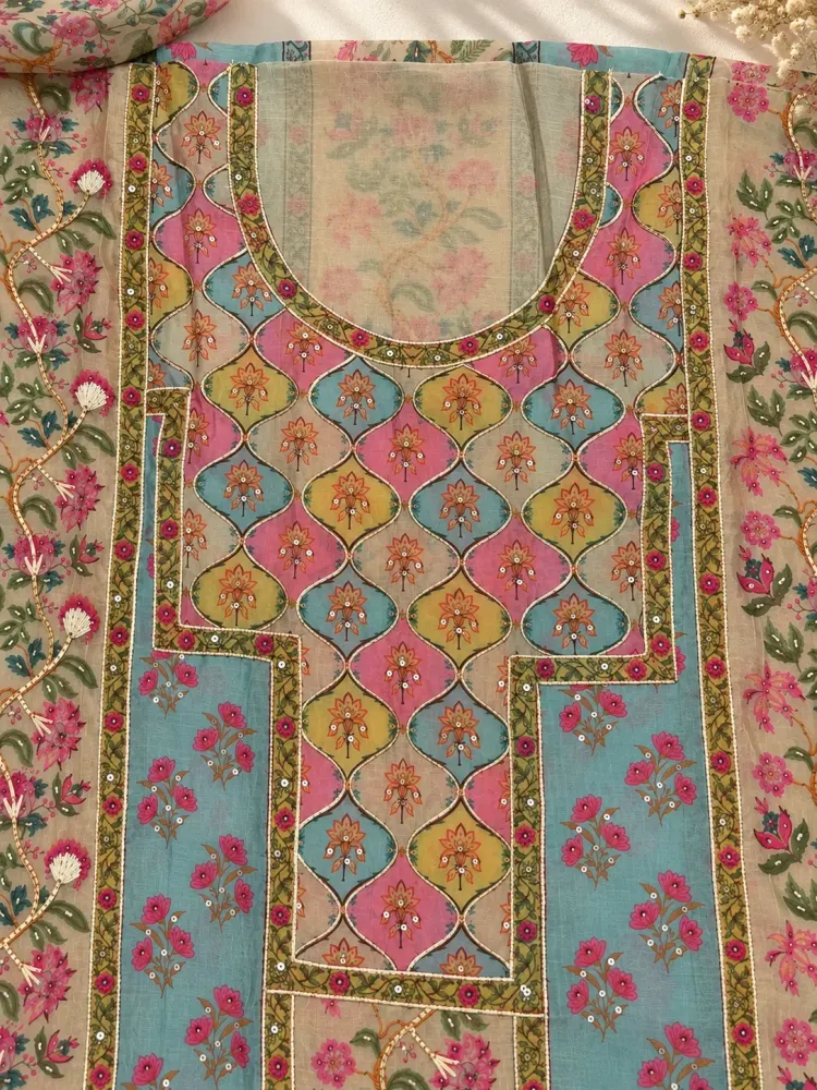 Blue Green Cotton Printed Unstitched Suit-1