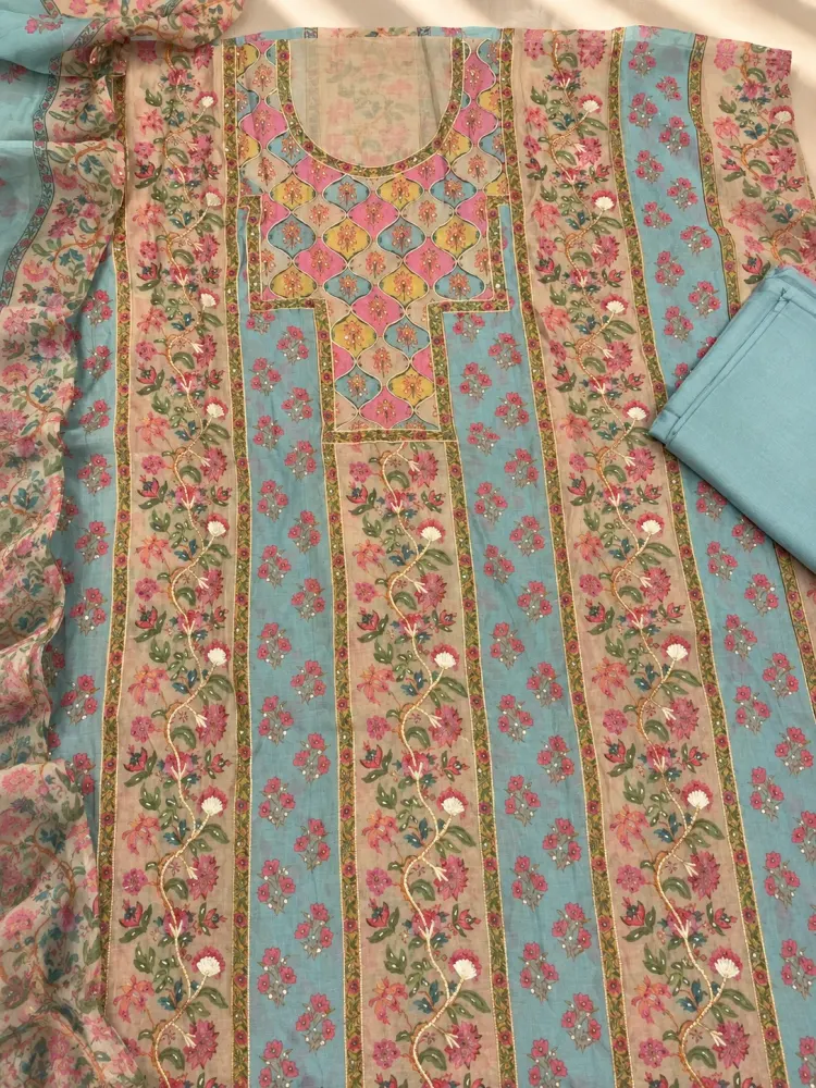 Blue Green Cotton Printed Unstitched Suit-2