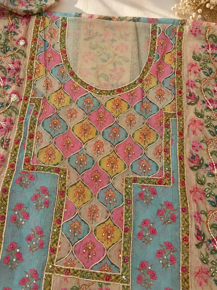Blue Green Cotton Printed Unstitched Suit-3