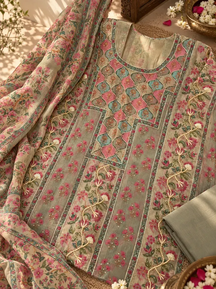 Grey Cotton Printed Unstitched Suit-0