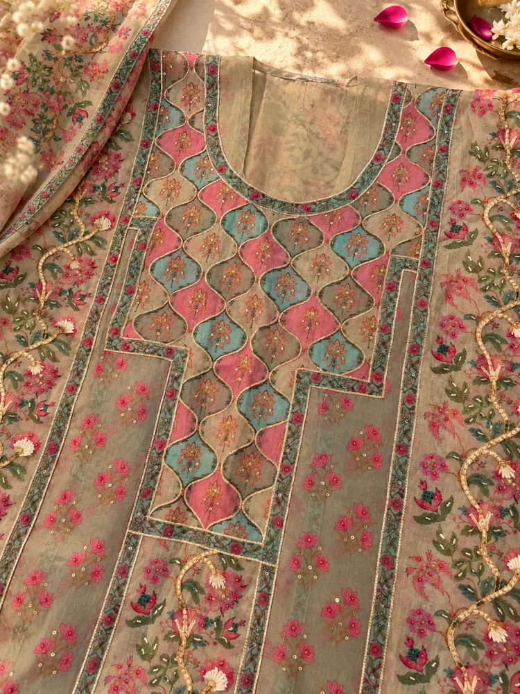 Grey Cotton Printed Unstitched Suit-1