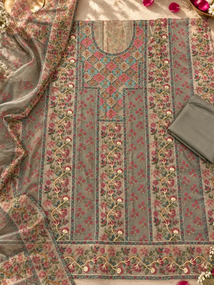 Grey Cotton Printed Unstitched Suit-2