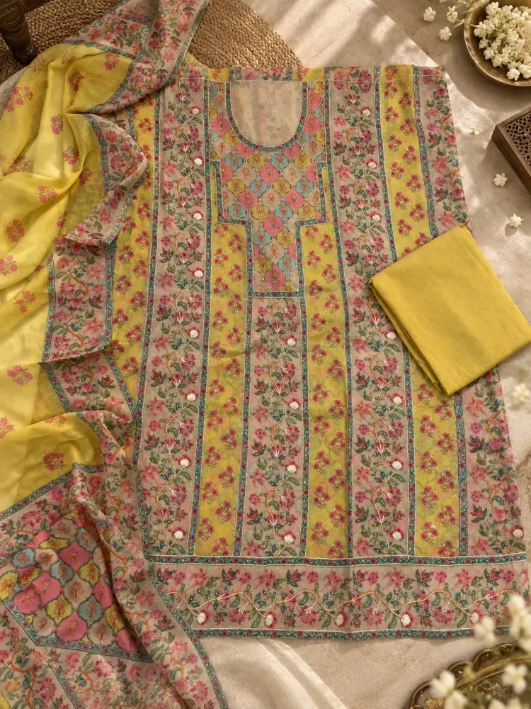 Yellow Cotton Printed Unstitched Suit-0