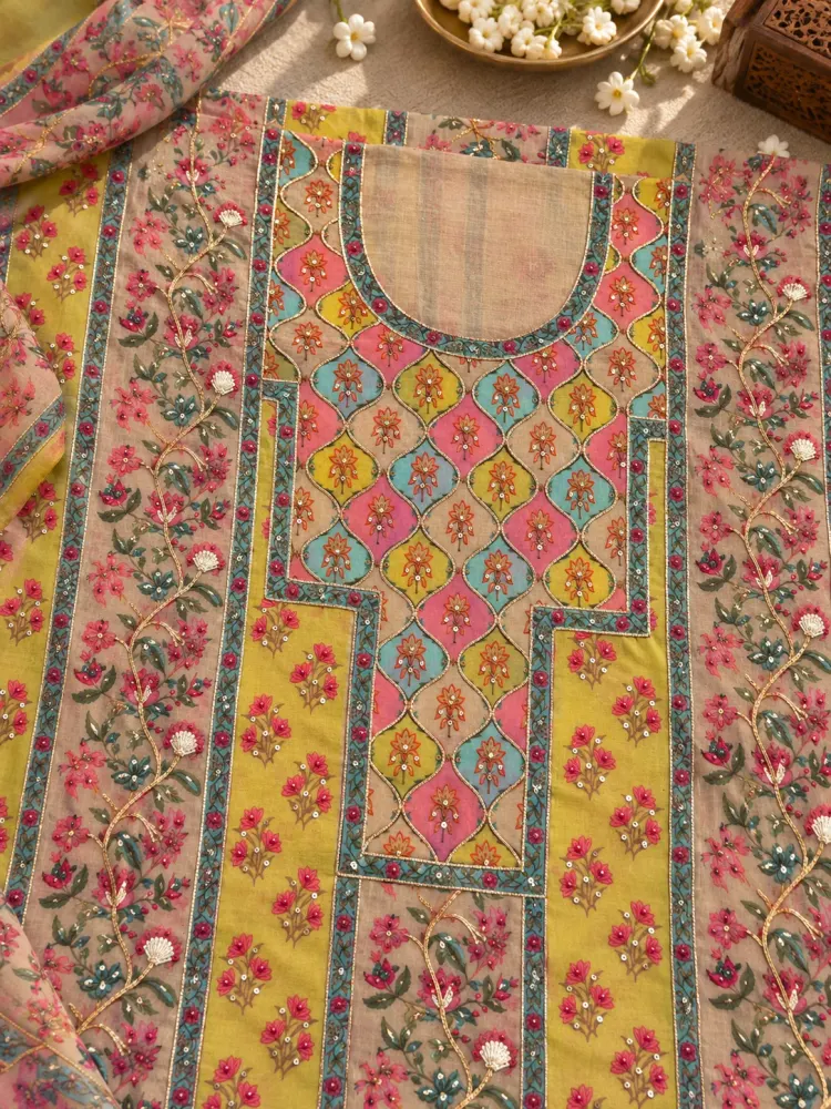 Yellow Cotton Printed Unstitched Suit-1