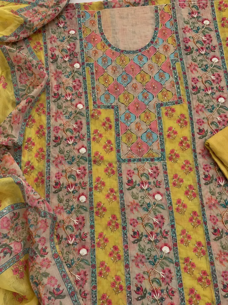 Yellow Cotton Printed Unstitched Suit-2