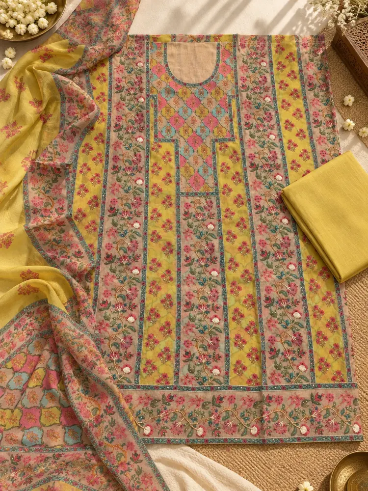 Yellow Cotton Printed Unstitched Suit-3