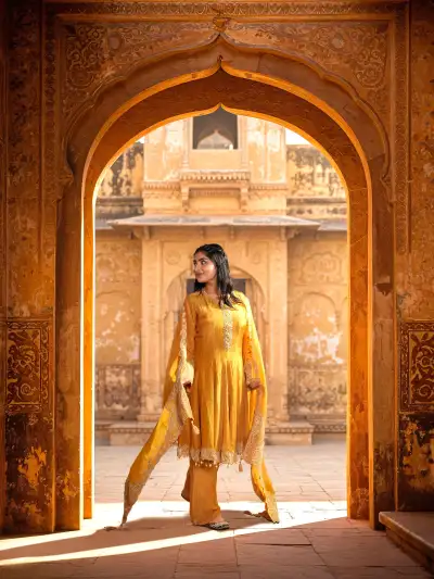 EMBROIDERED A-LINE KURTA PALAZZO SET WITH DUPATTA - 1