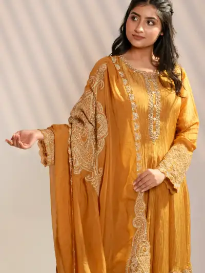 EMBROIDERED A-LINE KURTA PALAZZO SET WITH DUPATTA - 2