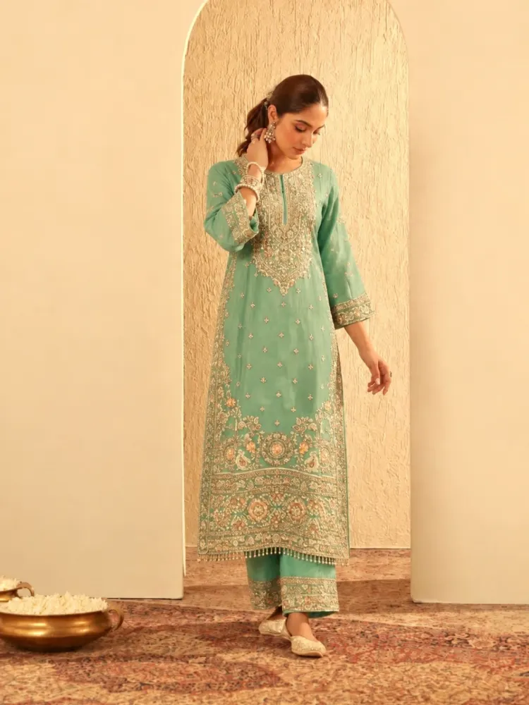 Teal Bridal Kurta Set-0