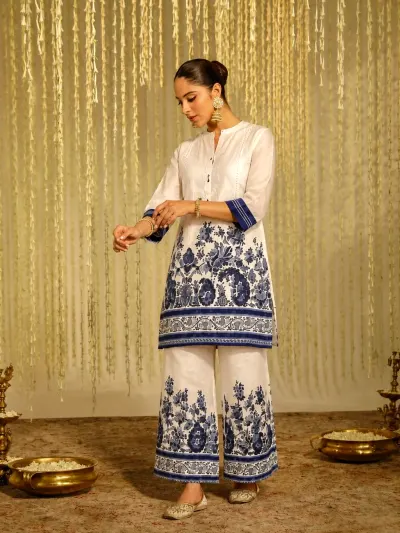 White Blue Floral Co-Ord Set For Women-0