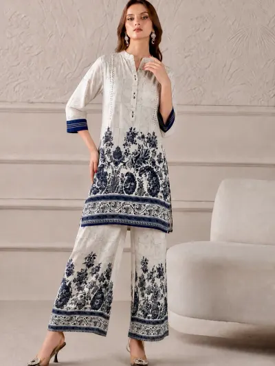 White Blue Floral Co-Ord Set For Women-0