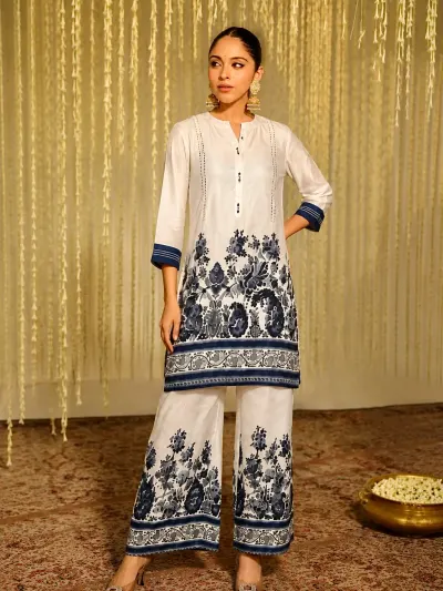 White Blue Floral Co-Ord Set For Women-1
