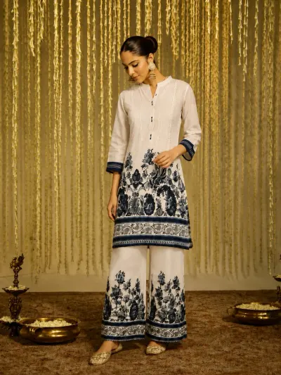 White Blue Floral Co-Ord Set For Women-2