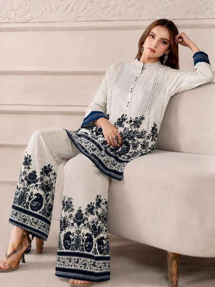 White Blue Floral Co-Ord Set For Women-1
