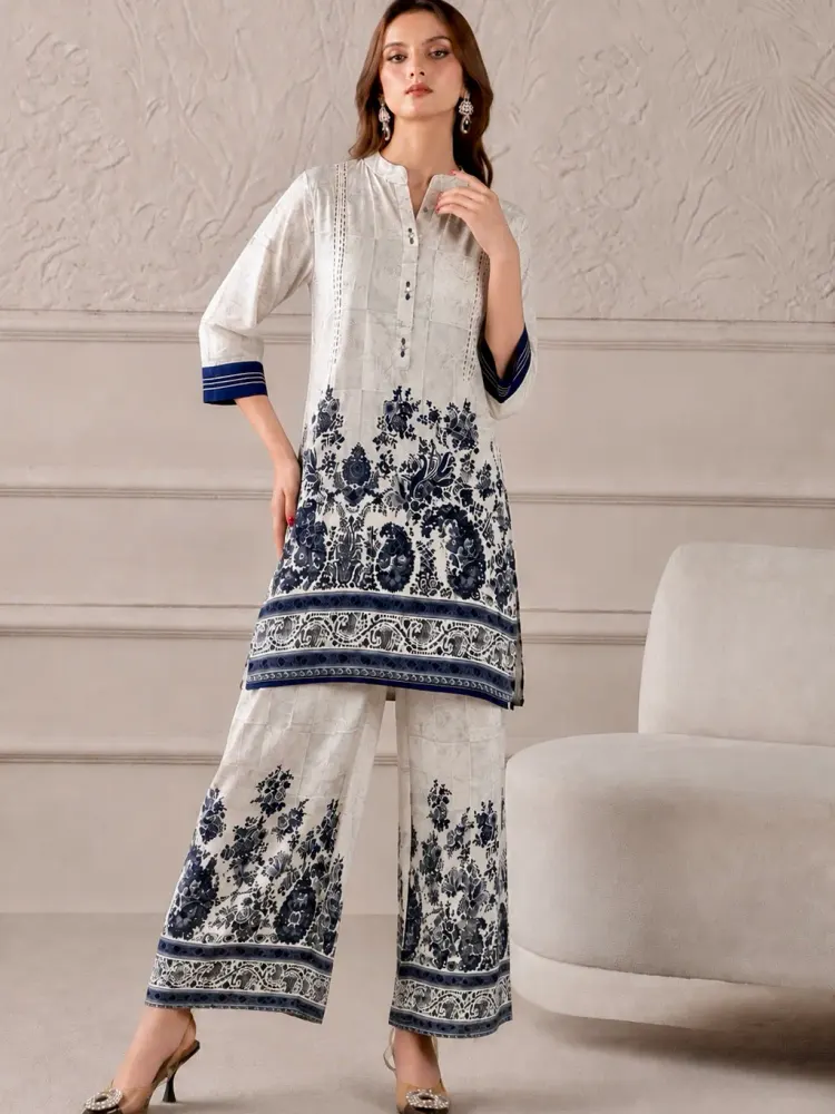 White Blue Floral Co-Ord Set For Women-0
