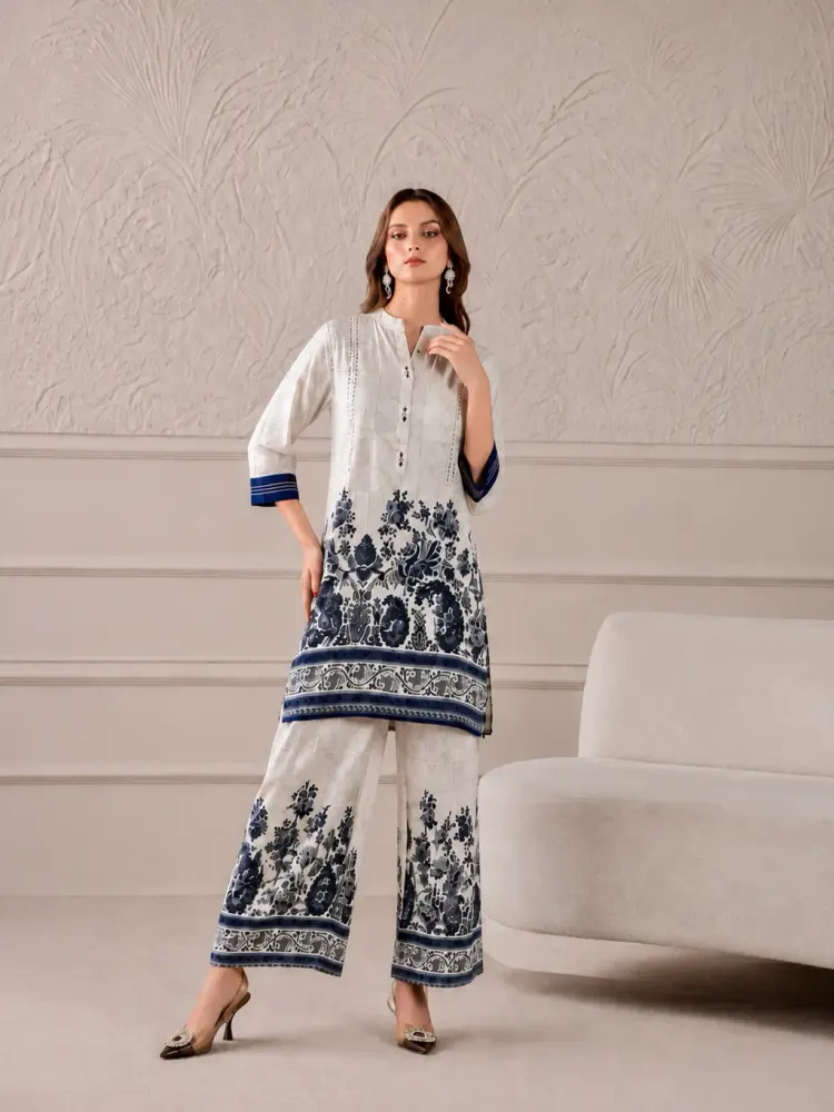 White Blue Floral Co-Ord Set For Women-0