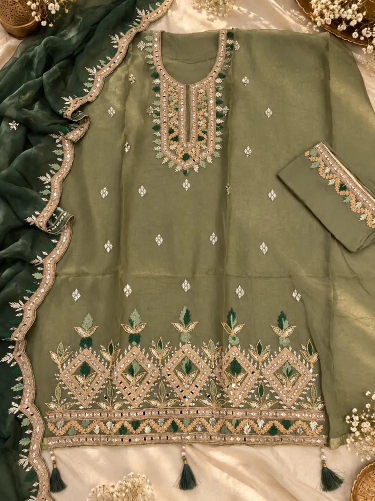 Olive Organza Tissue Unstitched Suit-0