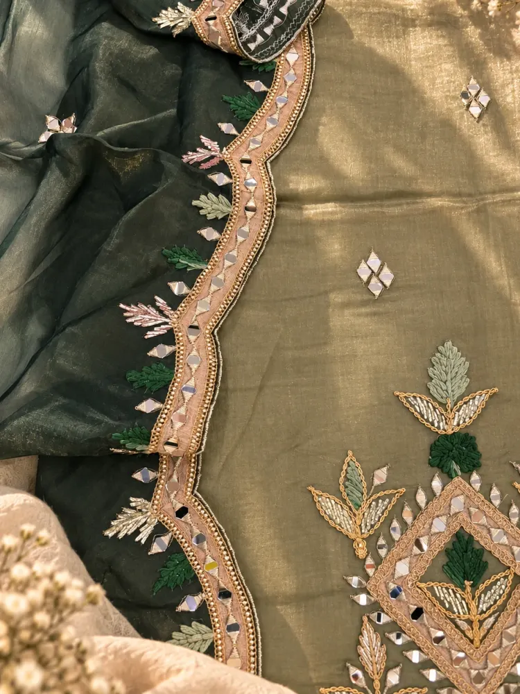 Olive Organza Tissue Unstitched Suit-1