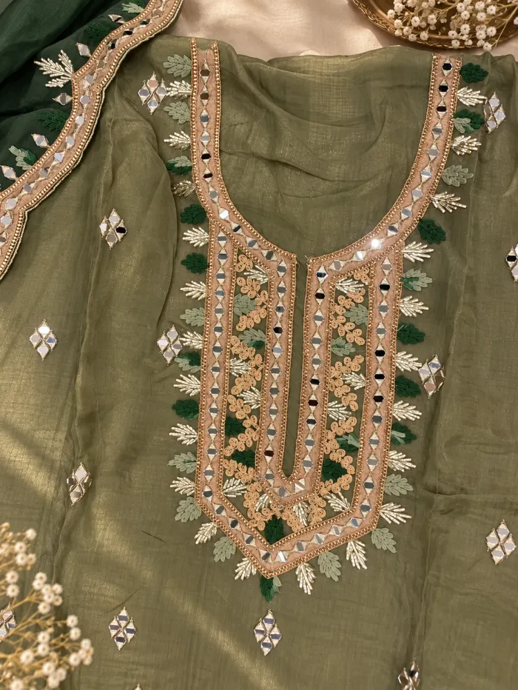 Olive Organza Tissue Unstitched Suit-2