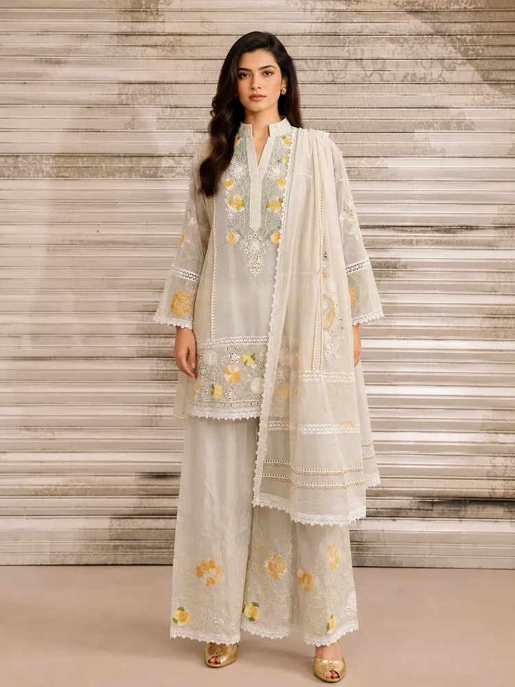White Floral Mul Cotton Suit-0