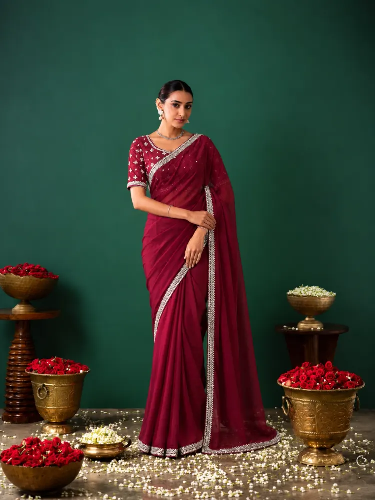 Burgundy Georgette Wedding and Reception Saree-0