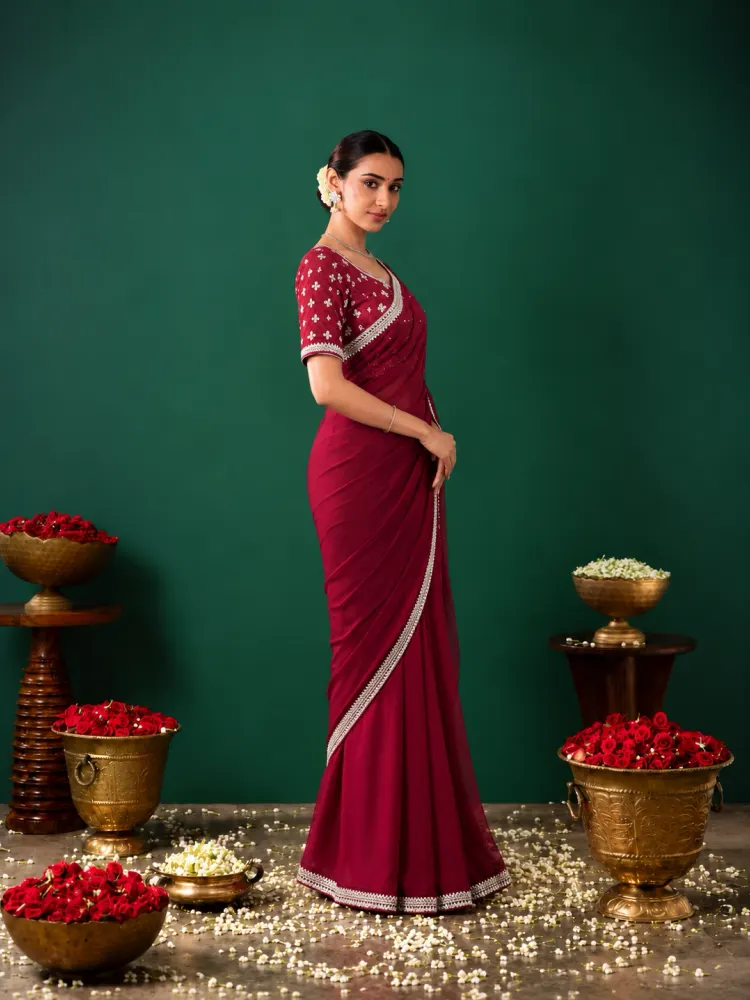 Burgundy Georgette Wedding and Reception Saree-1