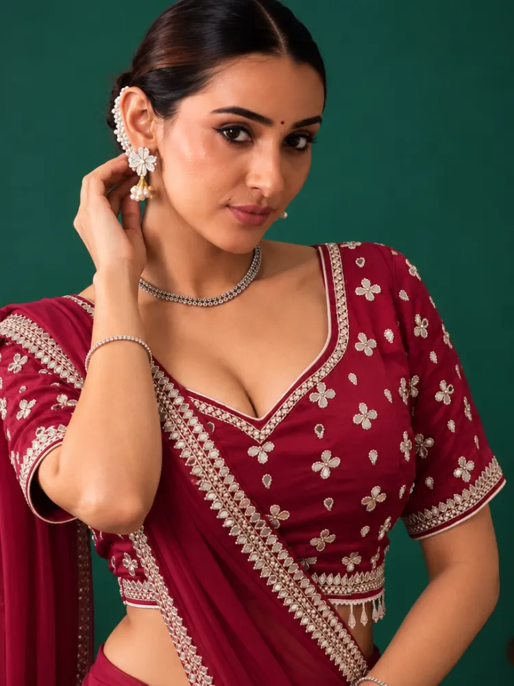 Burgundy Georgette Wedding and Reception Saree-2