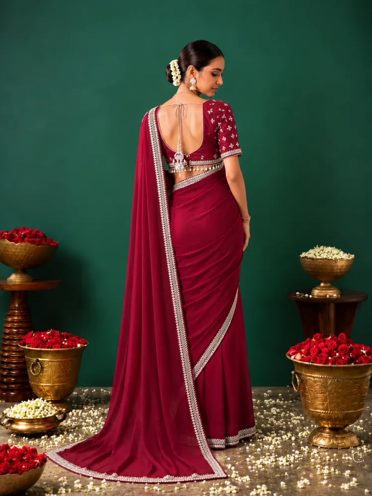 Burgundy Georgette Wedding and Reception Saree-3