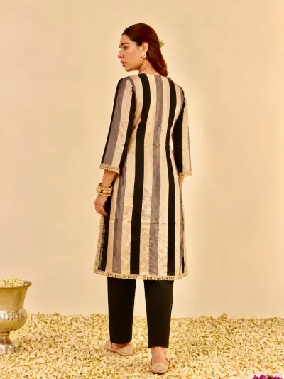 Black Striped Cotton Kurta Set-0