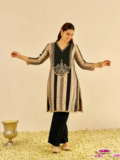 Black Striped Cotton Kurta Set-1