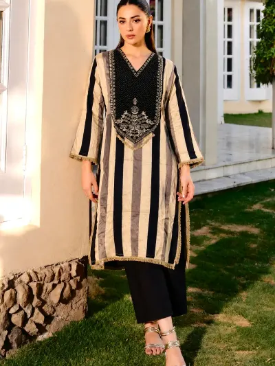 Black Striped Cotton Kurta Set-2