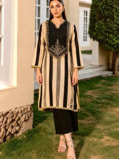 Black Striped Cotton Kurta Set-3