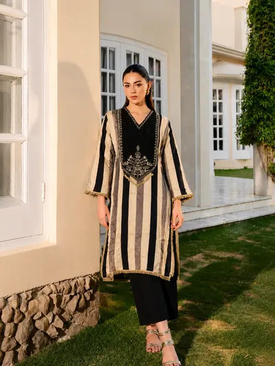 Black Striped Cotton Kurta Set-0