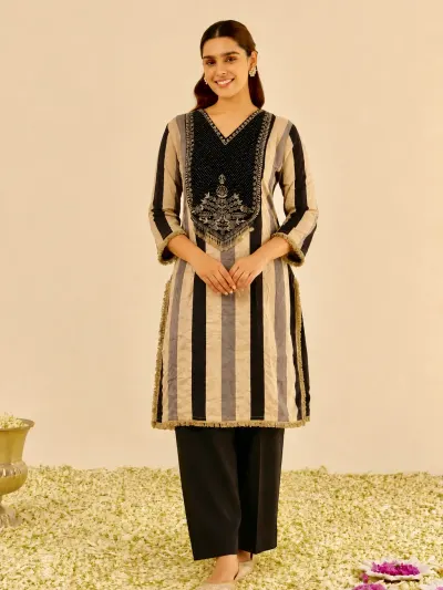 Black Striped Cotton Kurta Set-3