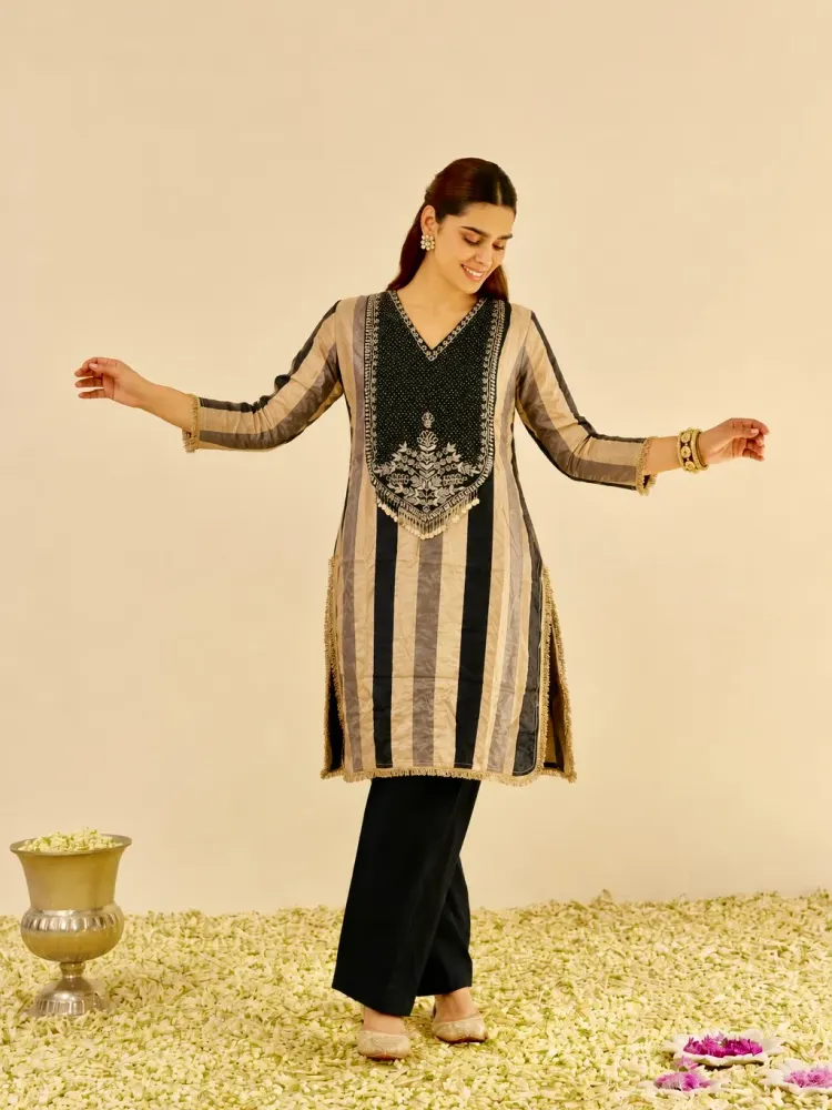 Black Striped Cotton Kurta Set-1