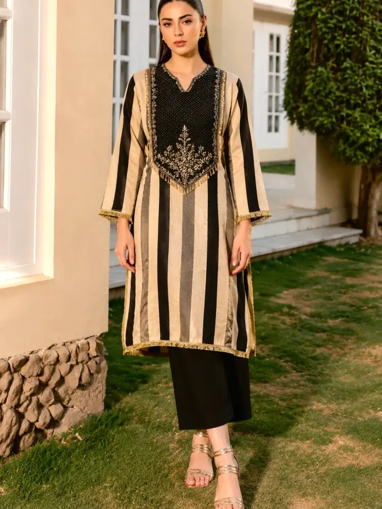 Black Striped Cotton Kurta Set-0