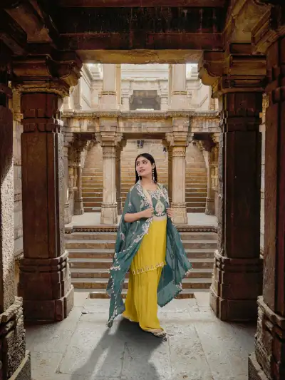 Mustard Yellow Embroidered Kurta Sharara Set with Green Shrug Dupatta - collection image