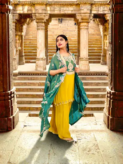 Mustard Yellow Embroidered Kurta Sharara Set with Green Shrug Dupatta - collection image