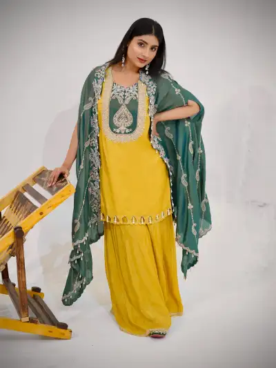 MUSTARD YELLOW EMBROIDERED KURTA SHARARA SET WITH GREEN SHRUG DUPATTA - 2