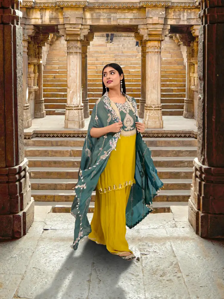 Mustard Yellow Embroidered Kurta Sharara Set with Green Shrug Dupatta - View 1