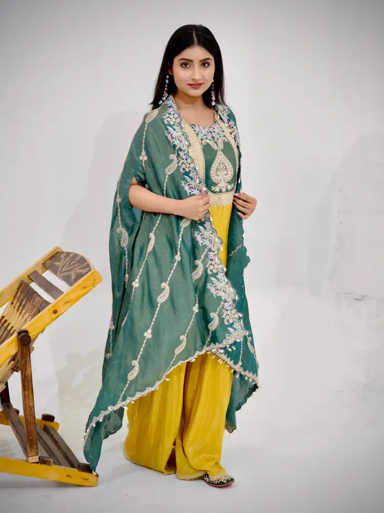 Mustard Yellow Embroidered Kurta Sharara Set with Green Shrug Dupatta thumbnail 3
