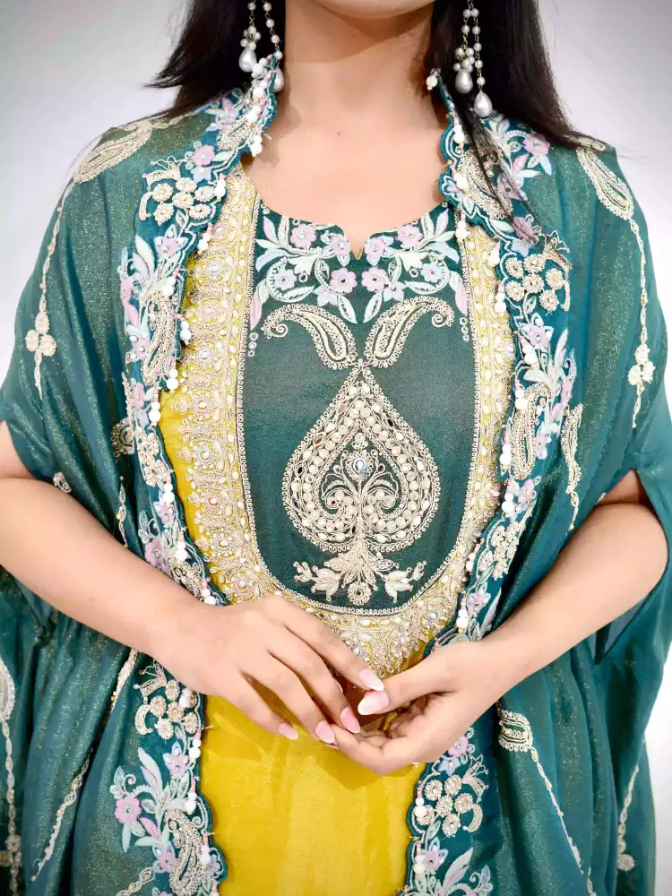 Mustard Yellow Embroidered Kurta Sharara Set with Green Shrug Dupatta thumbnail 4