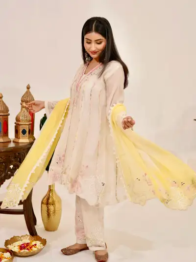 Ivory Blossom Kurta Set with Lemon Dupatta (Set of 3) - collection image