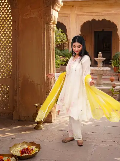 Ivory Floral Embroidered A-Line Short Kurti Pant Set with Lemon Yellow Dupatta - collection image